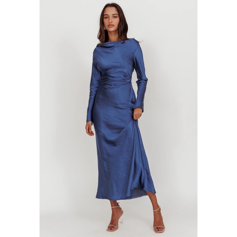 Selfie Leslie Loveland Navy Satin Cowl Back Midi Dress Large NWT Wedding Guest